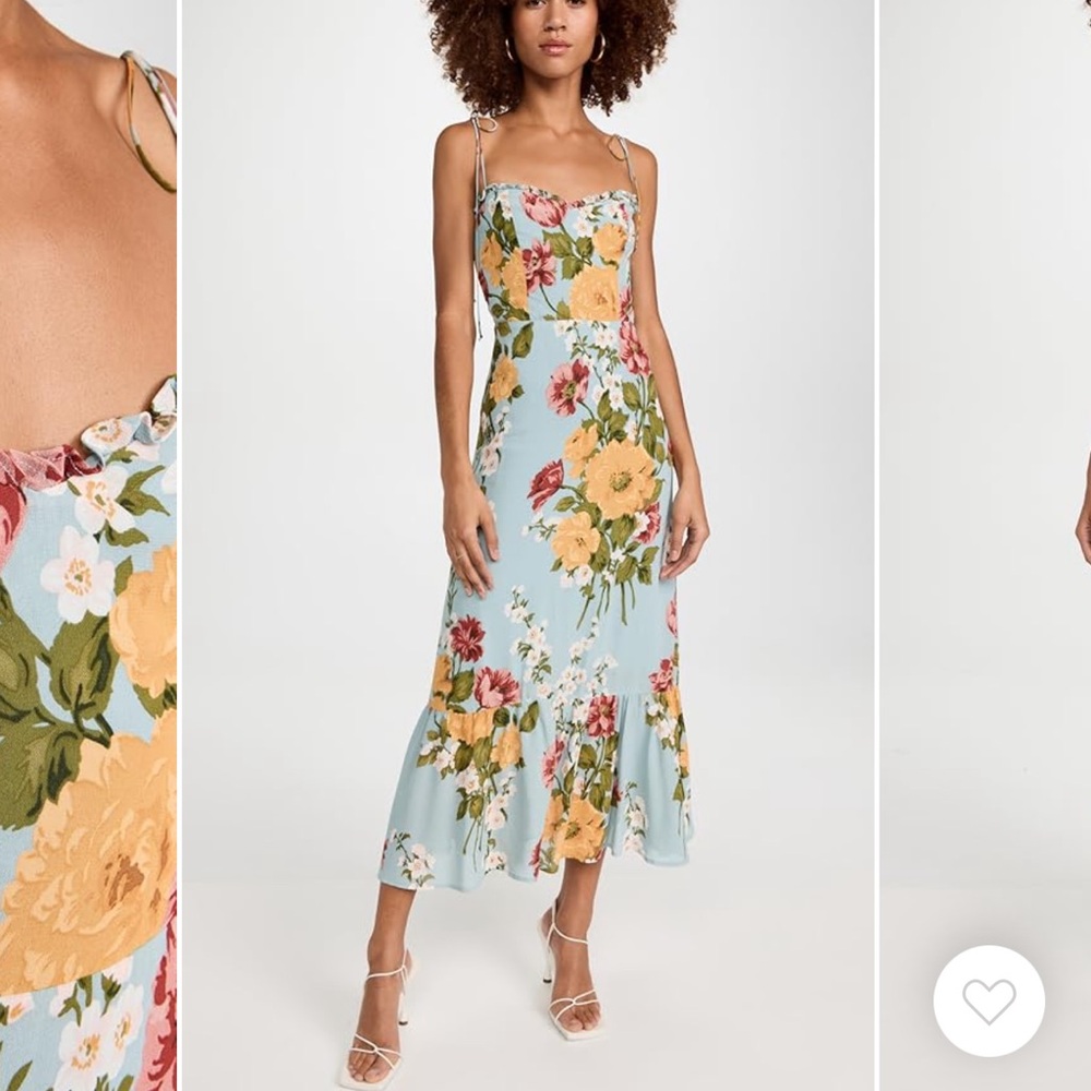 Reformation Blue Floral Midi Dress with Yellow and Pink Blooms